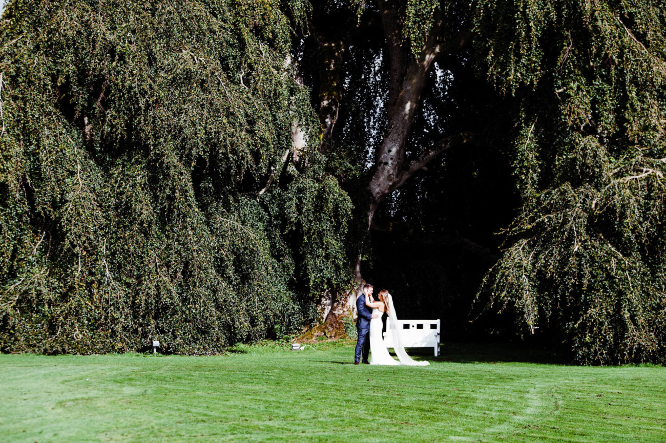 Bride and groom walking together at the weeping willow tree at Bellinter House wedding