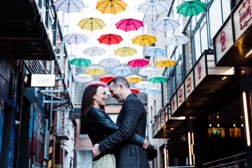 Engagement shoot under umbrellas in Dublin