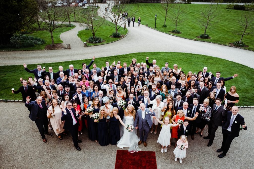 Group shot of guests shot from above at Clonabreany House
