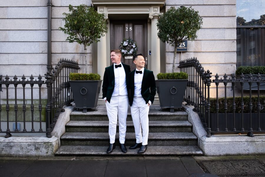 Intimate wedding in Dublin, couple walking into the front door of 25 Fitzwilliam Place