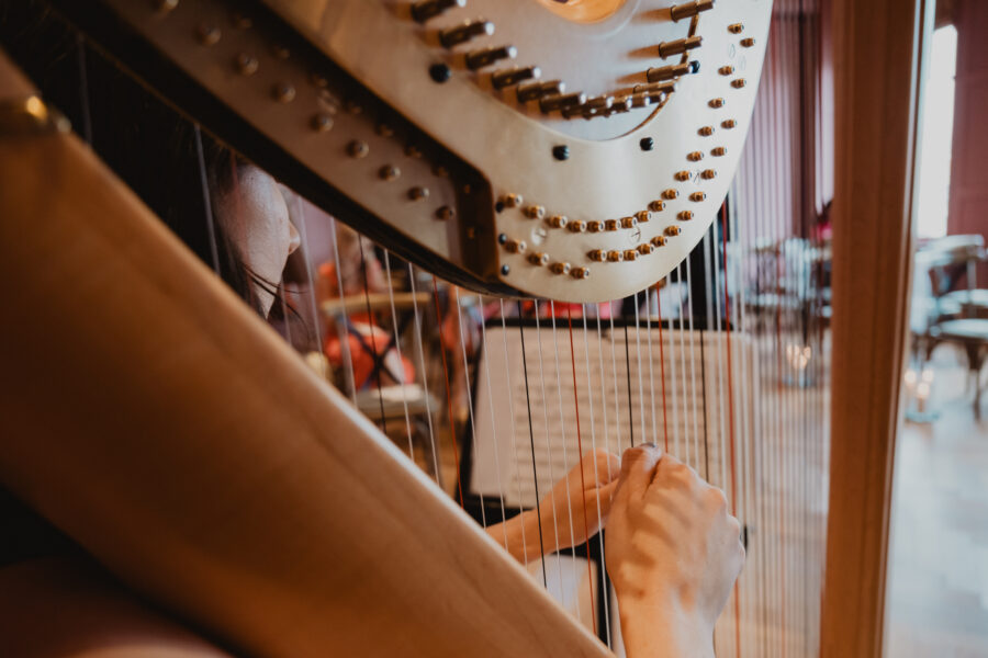 Clara Booth Harpist playing in Rose Room at The Clarence Hotel