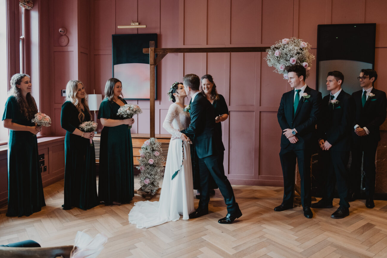 First kissing during wedding ceremony at the Clarence Hotel