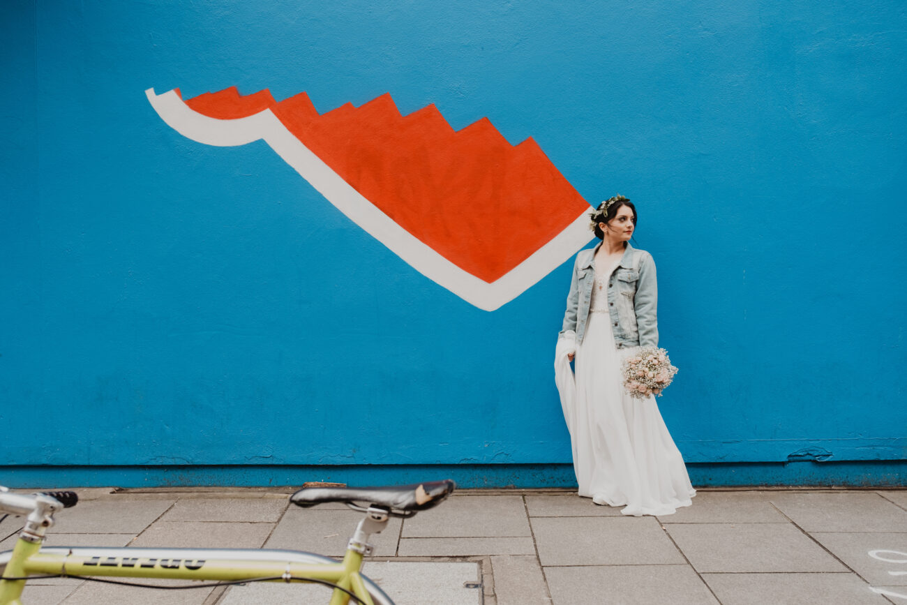 Portrait of bride in Temple Bar, wedding at The Clarence Hotel, Dublin City wedding, Elopement in Dublin city