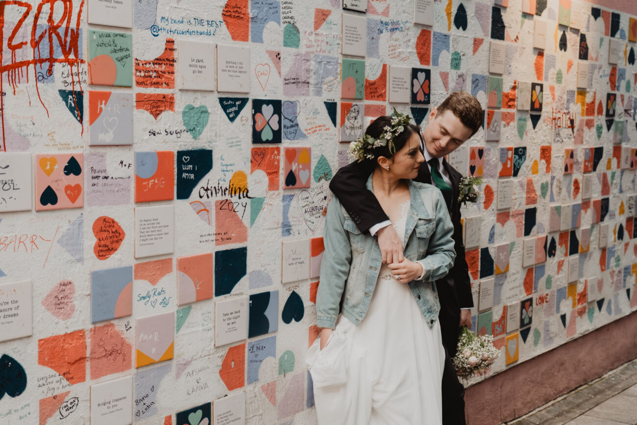 Bride and groom in lovers lane at Temple Bar, wedding at The Clarence Hotel, Dublin City wedding, Elopement in Dublin city