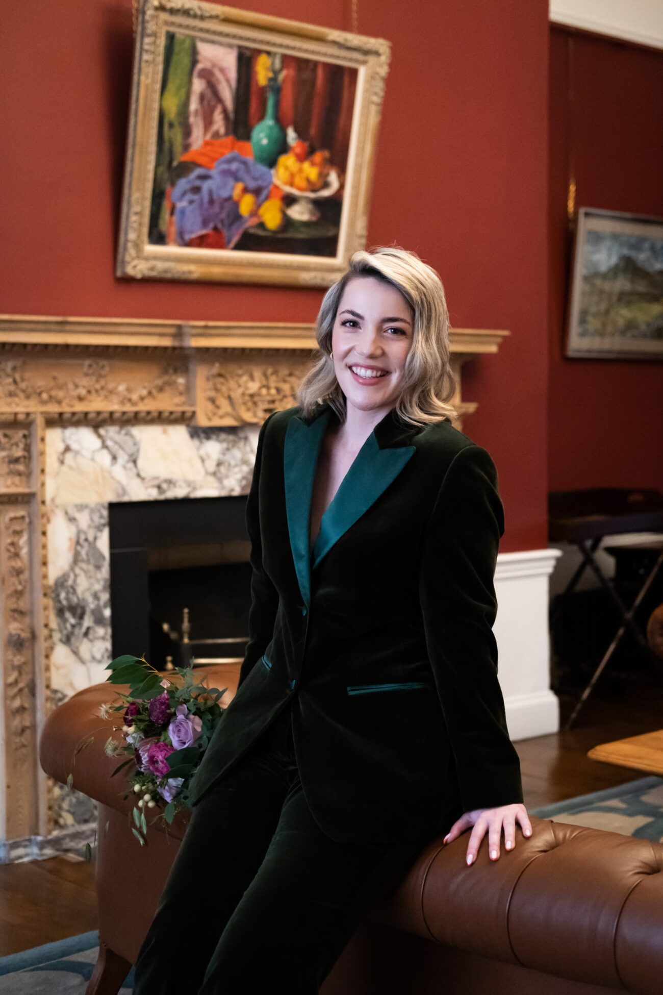 Bride sitting on the chair and posing for a photo at no 5 South Leinster Street at The National Gallery of Ireland