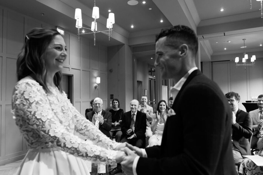 First kiss at wedding ceremony at The Clarence Hotel