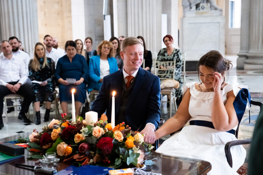 couple laughing during the ceremony at Dublin City Hall, Dublin City Hall wedding