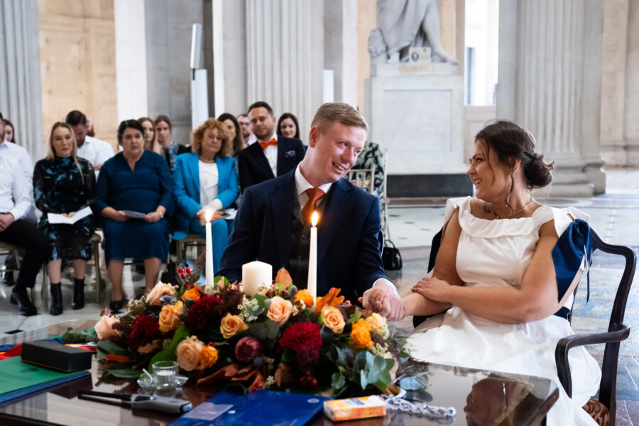 couple smiling at each other during their ceremony at Dublin City Hall