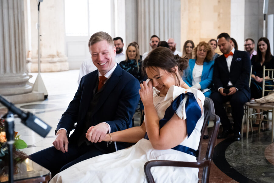 couple laughing during the ceremony at Dublin City Hall, Dublin City Hall wedding