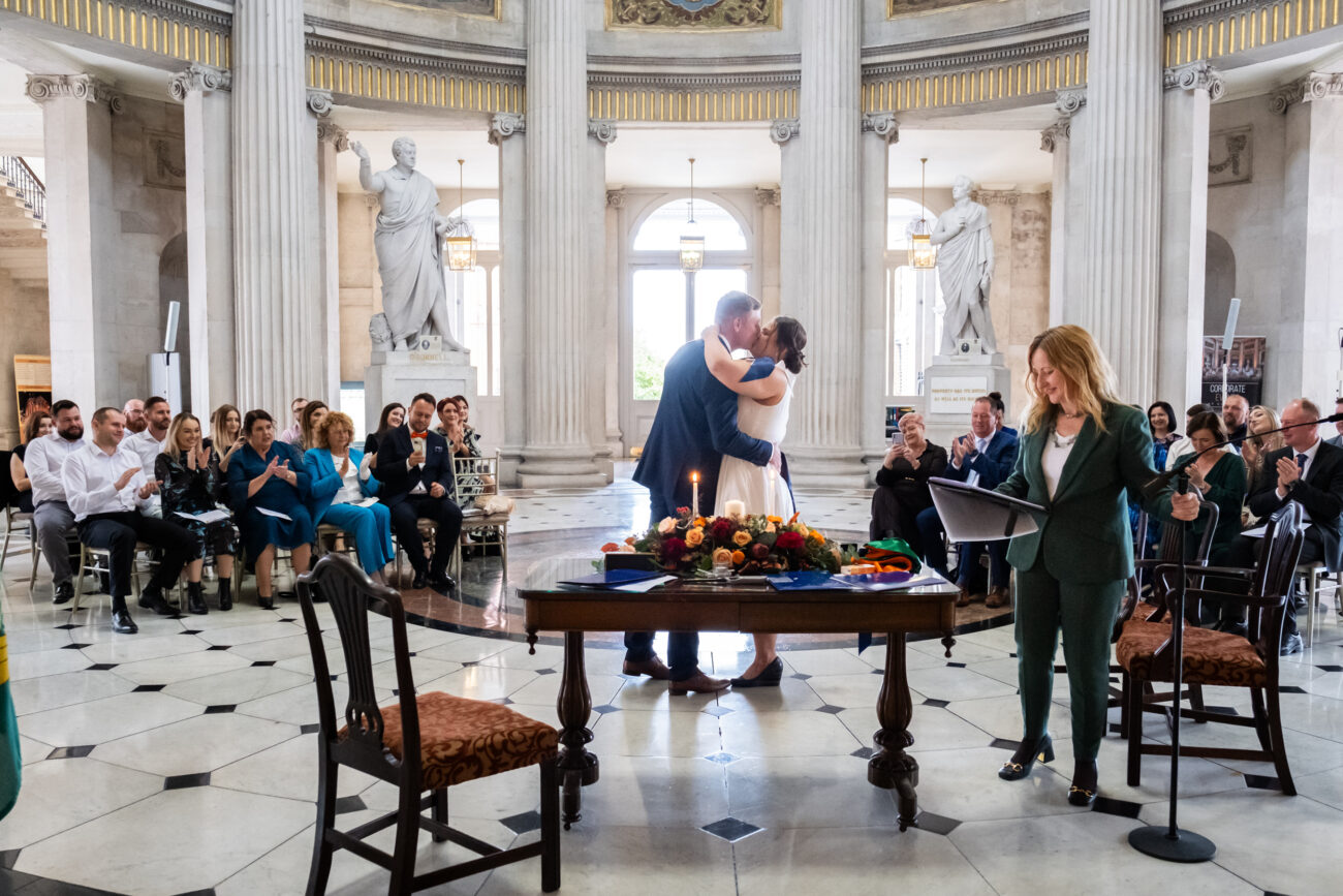 Bride and groom first kiss at Dublin City Hall