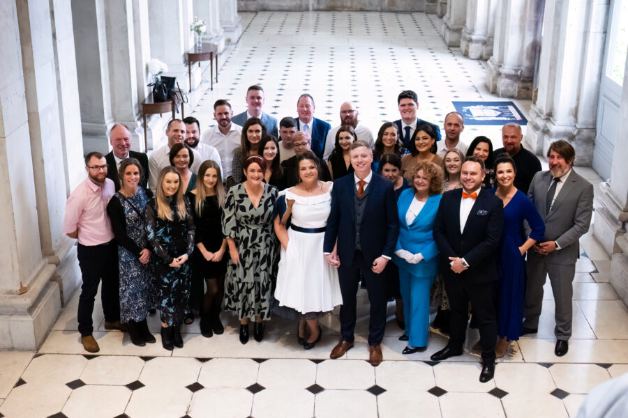 family group shot from the stairs at Dublin City Hall