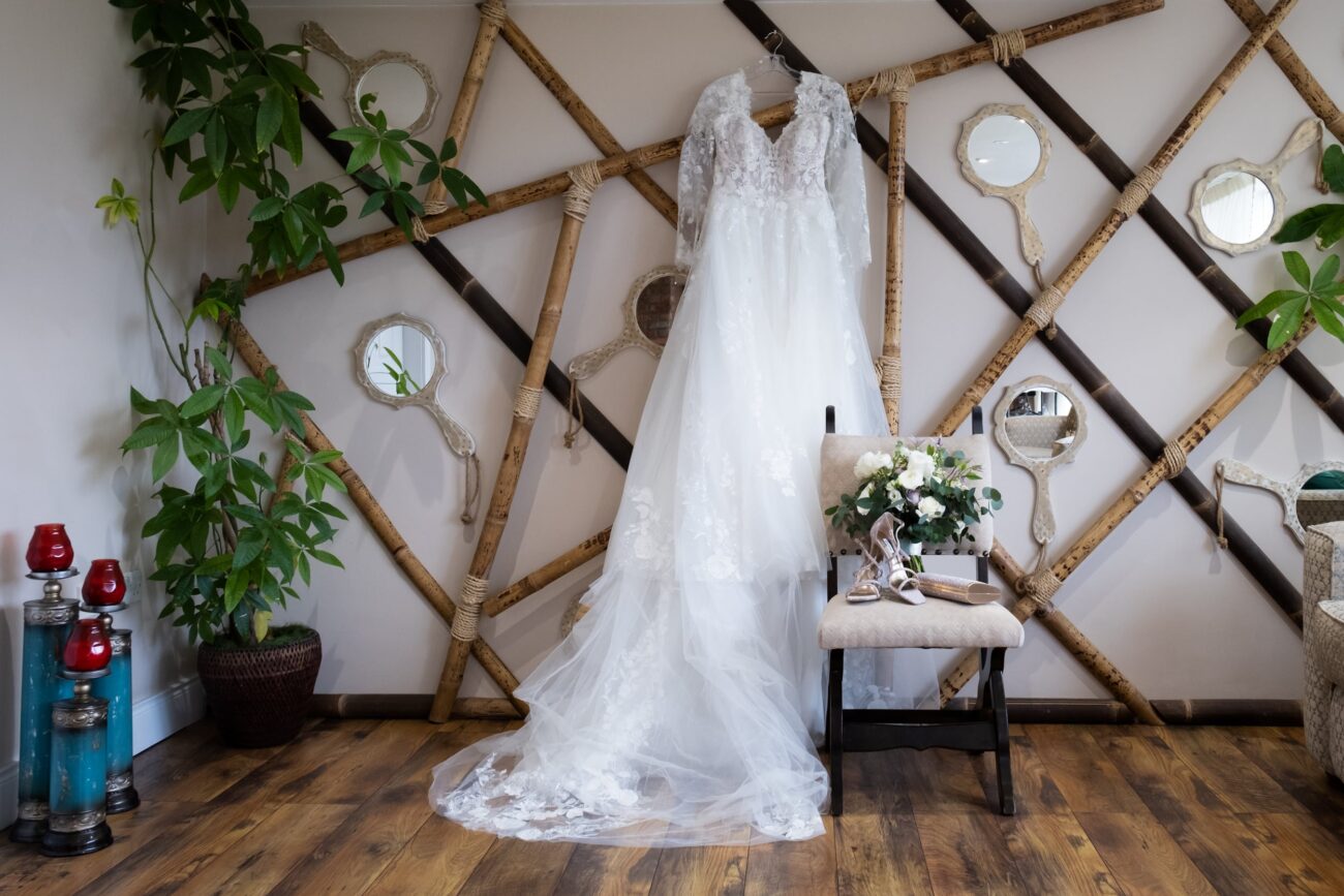 detail shot of the wedding dress in The Barn at Ballymagarvey Village