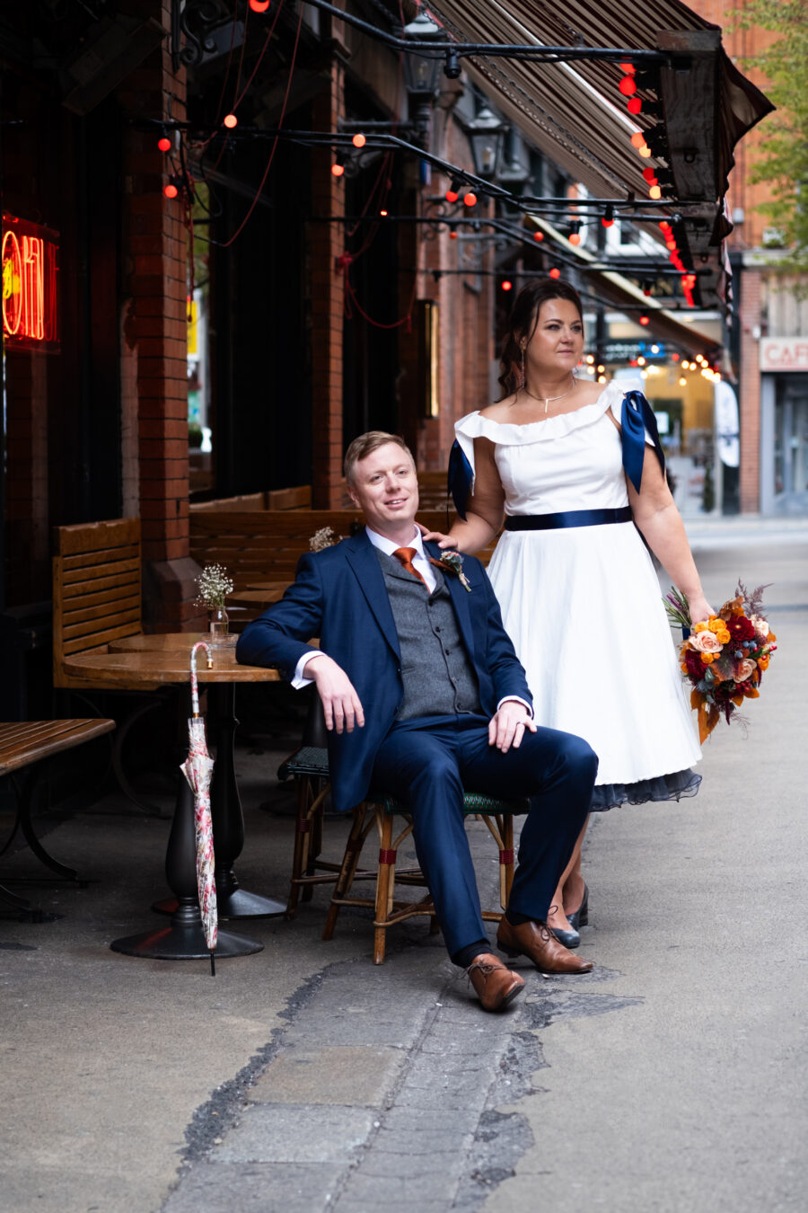 couple standing outside in front of a restaurant on Fade Street in Dublin