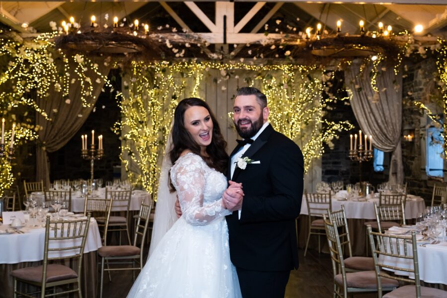 bride and groom dancing in the banqueting hall at Ballymagarvey Village