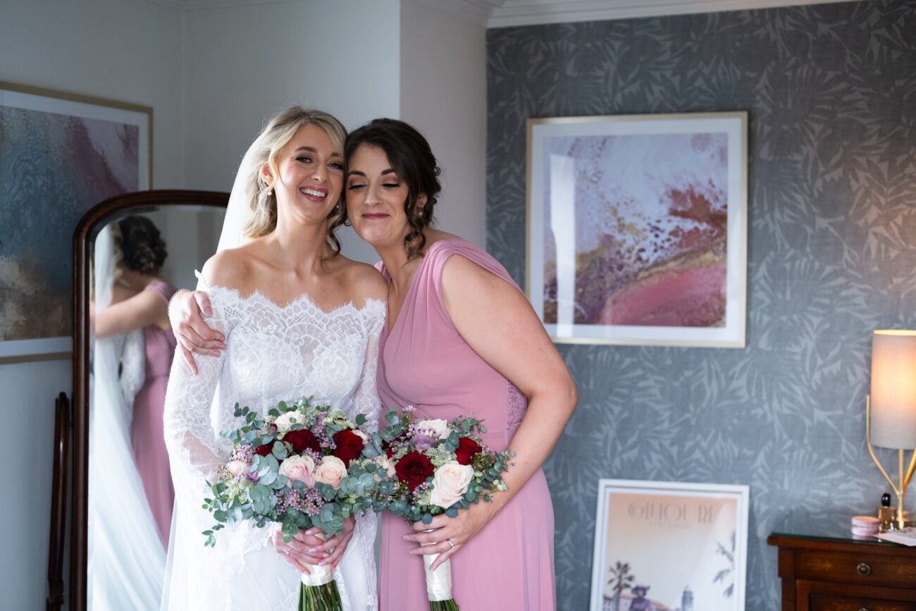 bride and maid of honour at Killashee hotel during bridal prep