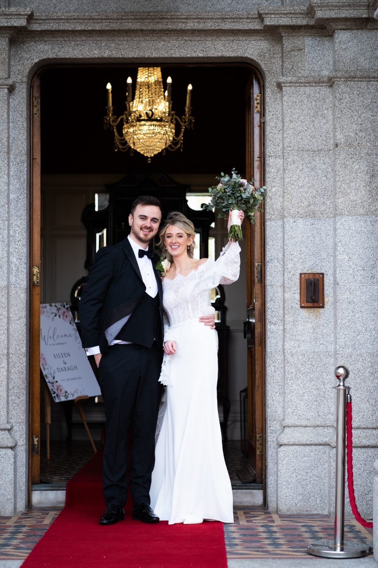 Bride and groom outisde the front of Killashee Hotel