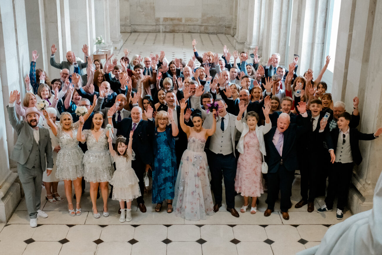 group shot of the wedding party at Dublin City Hall