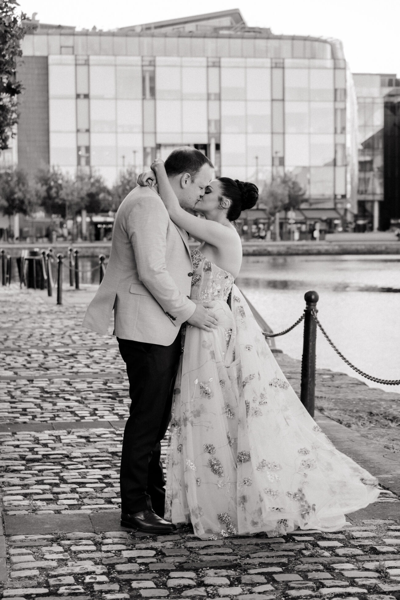 couple walking outside Charlotte Quay, Dublin City wedding