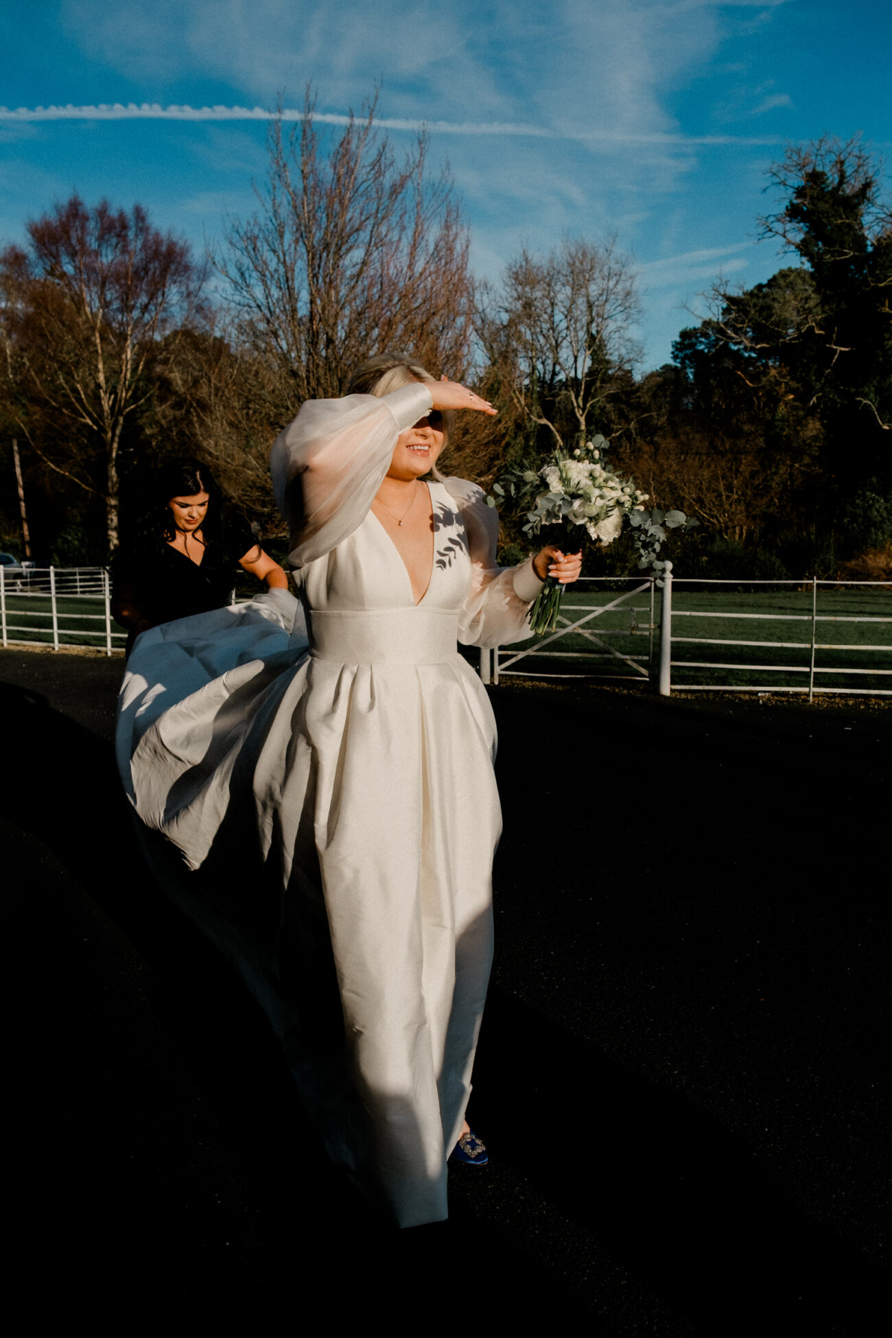 bride just out of the car. candid wedding photography, powerscourt house wedding