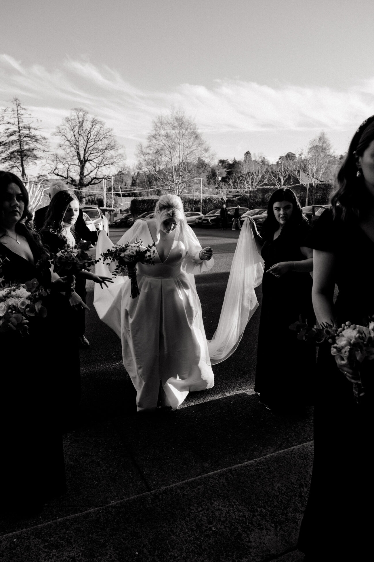 bride getting ready to go into the church. Powerscourt House wedding, candid wedding photography