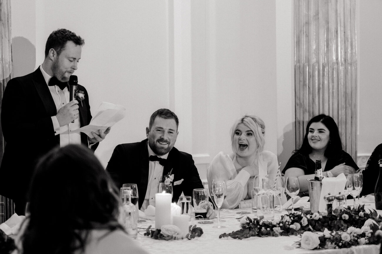 bride laughing at the best man speech at Powerscourt Estate wedding