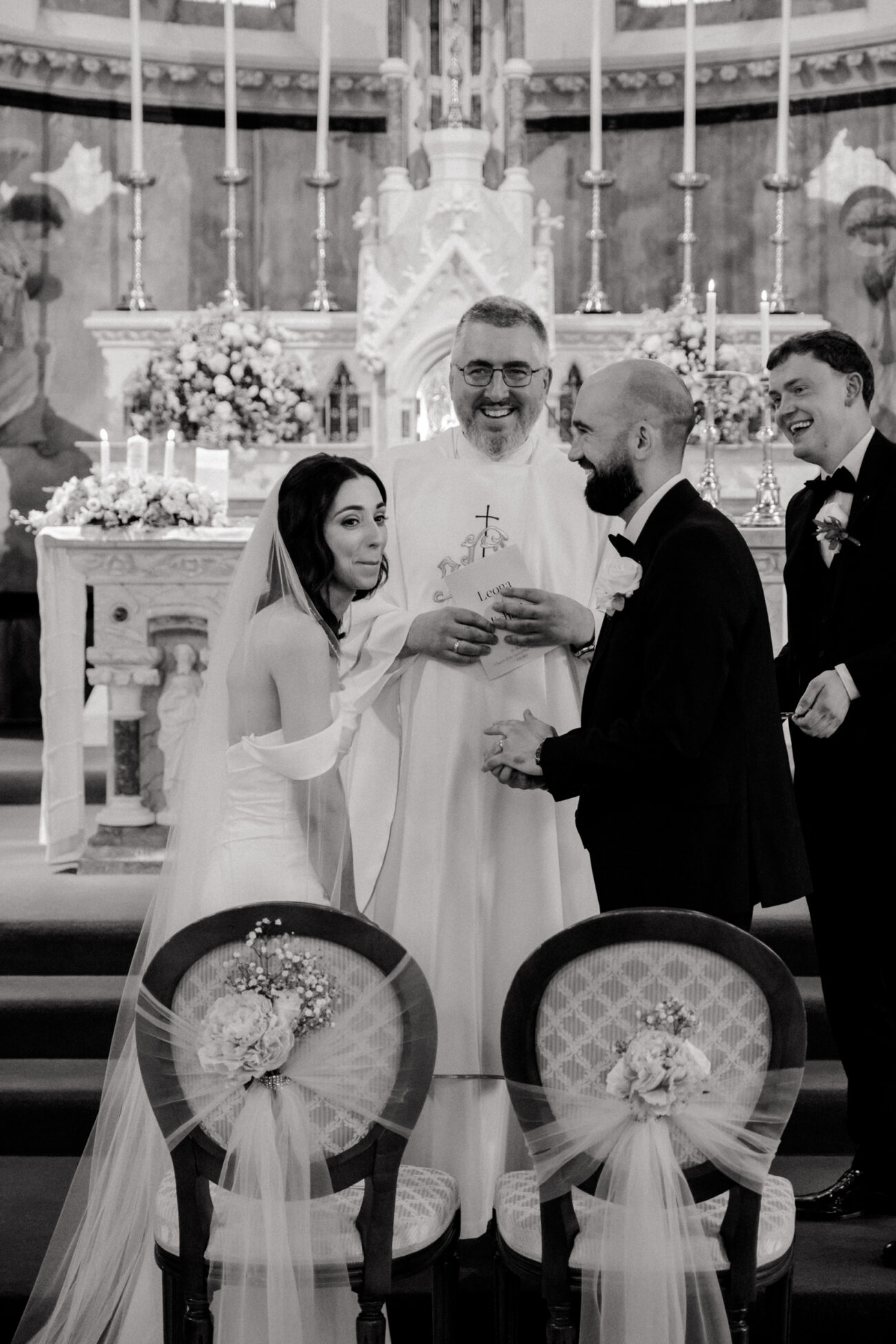 couple laughing at the church