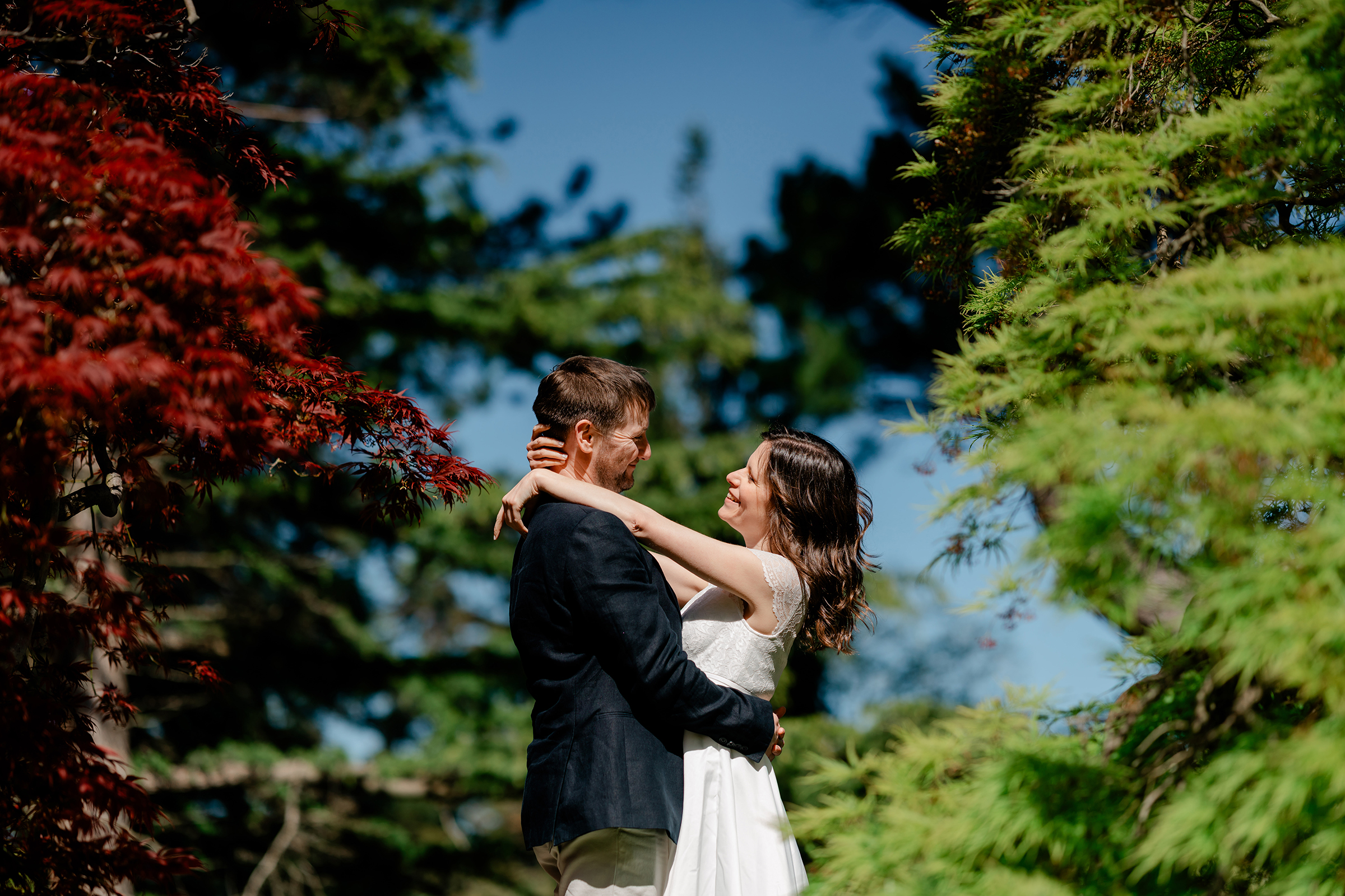 Bride and groom facing each other - Wedding Photography Dublin - Couple Portraits at Ballintubbert Gardens and House